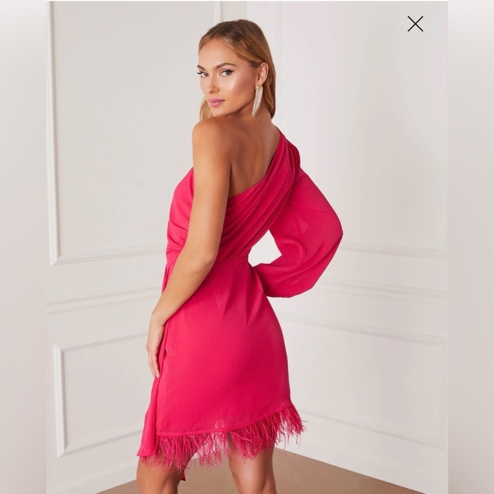 Vici Las Vegas One Shoulder Fringe Trim Pink Mini Dress XL - Picture 2 of 12
